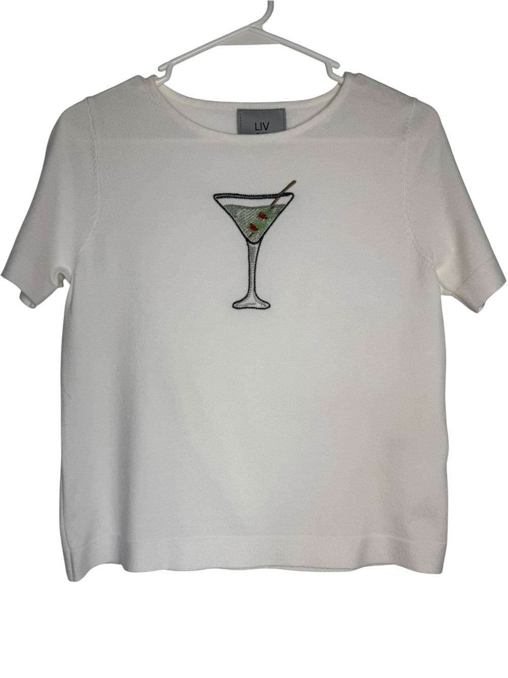 NWOT Liv Milano White Short-Sleeve XS Knit Top with Embroidered Martini
